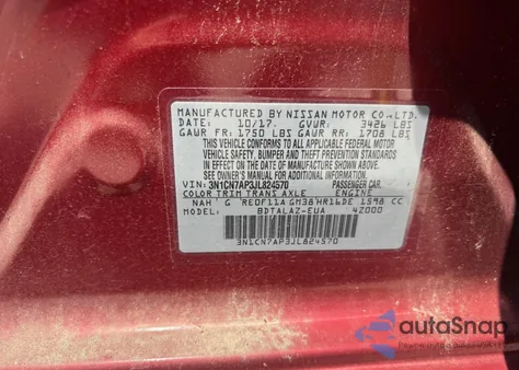 2018 Nissan Versa S/S Plus/Sv/Sl z USA, uszkodzony, nr VIN 3N1CN7AP3JL824570